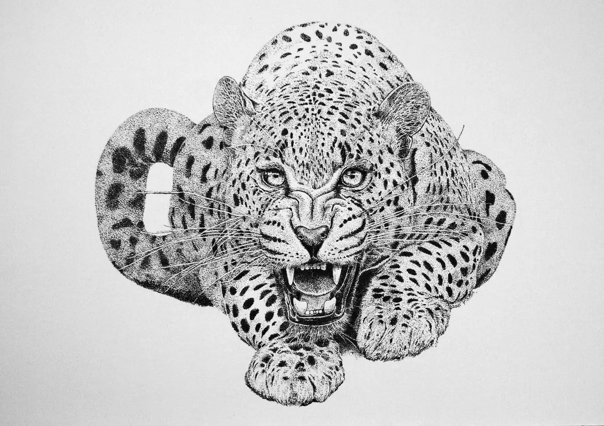 豹をサインペンで点描で描いています。「はなの絵を描きました。」の