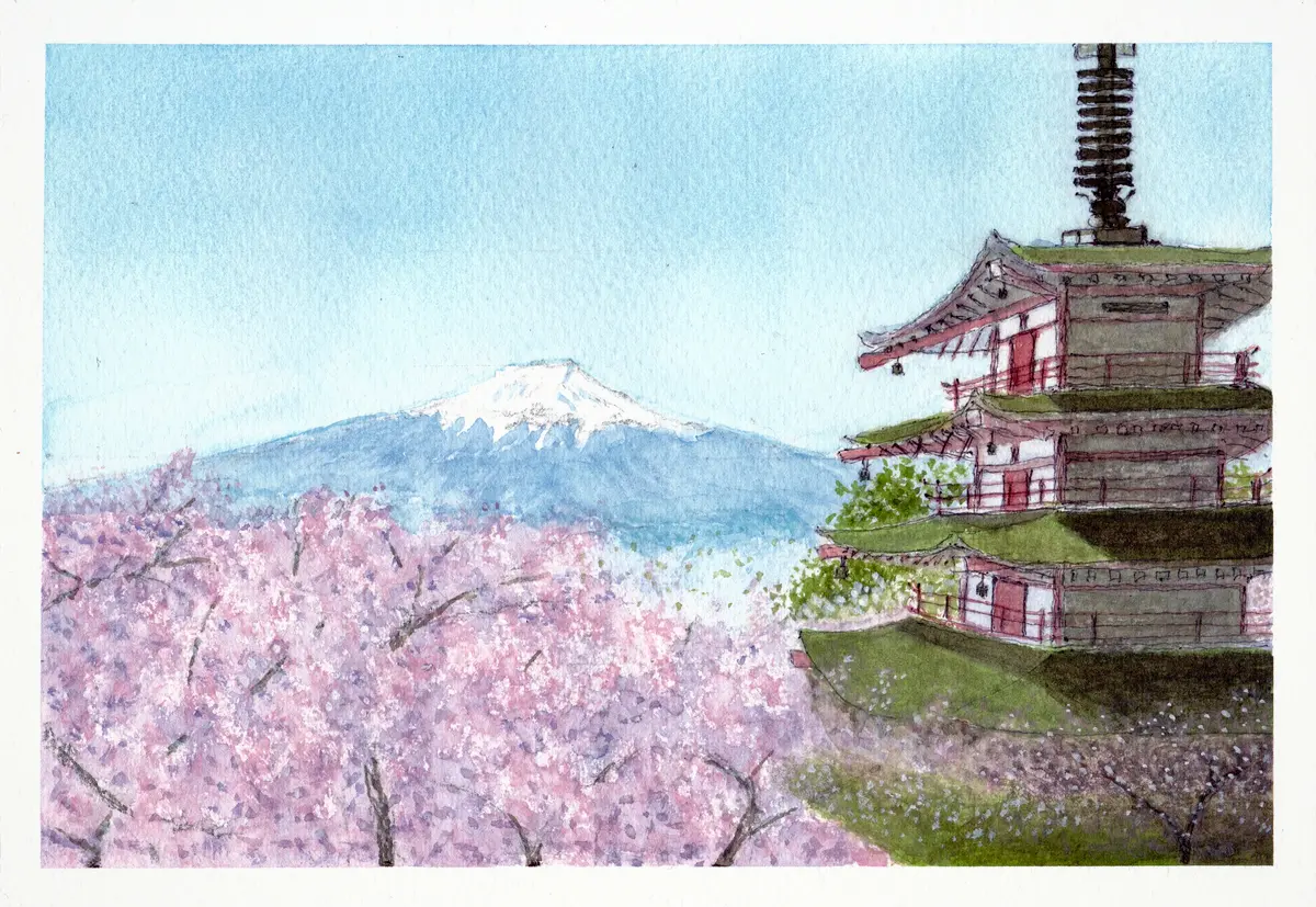 富士山と桜と五重塔 水彩画「水彩画」のアルバム-みんなの趣味の