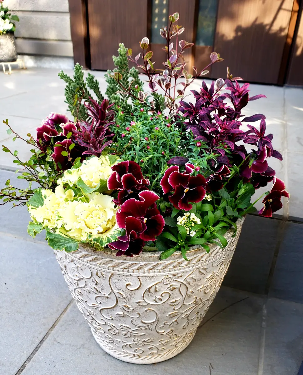 101パンジーワインレッド×3花かんざ「寄せ植えアルバム」の