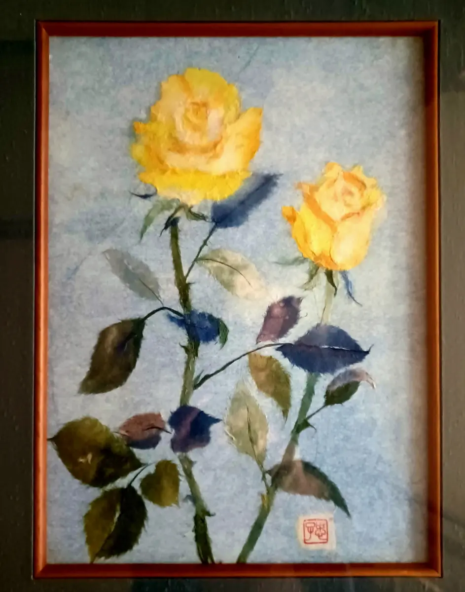 幸せの黄色い薔薇のちぎり絵 皆が繋がりました。｜園芸日記byたー