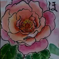 名無しのバラが咲きました。夕焼け色の「絵手紙で咲くお花